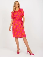 Fuchsia and orange floral cocktail dress with tie