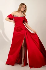 Lafaba Women's Red Boat Neck Slit Long Satin Evening Dress.