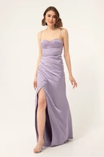 Lafaba Women's Lilac Stone Straps Long Satin Evening Dress with a Slit