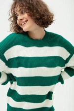 Lafaba Women's Emerald Green Crew Neck Striped Knitwear Sweater