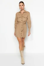 Trendyol Camel Belted Buttoned Woven Shirt Woven Dress