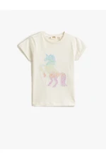 Koton Unicorn Embroidered Sequins T-Shirt Short Sleeved Crew Neck.