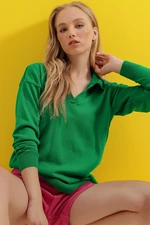 Trend Alaçatı Stili Women's Green Polo Collar Basic Seasonal Knitwear Sweater