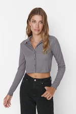 Trendyol Gray Knitted Blouse with Buttons/Fitted Polo Neck Creme/Textured Crop