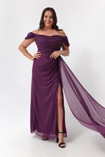 Lafaba Women's Plum Boat Neck Draped Long Glittery Evening Dress with a Slit.