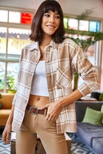 Olalook Women's Beige One Pocket Thick Plaid Lumberjack Shirt