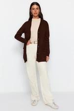 Trendyol Dark Brown V Neck Buttoned Pocket Detail Long Knitwear Cardigan