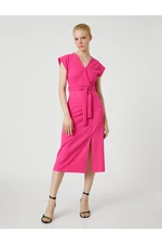 Koton Midi Length Dress With Belted Slit V-Neck