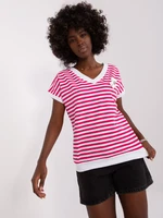 White and fuchsia striped blouse with short sleeves