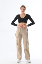 BİKELİFE Women's Beige High Waist Multi-Pocket Strap Detail Straight Fit Cargo Pants