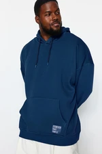 Trendyol Indigo pánska plus size basic pohodlná mikina s kapucňou s označením fleece bavlnená mikina