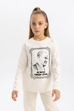 DEFACTO Girls' Atatürk Printed Crew Neck Combed Cotton Long Sleeve T-Shirt