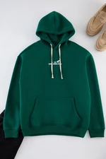 Trendyol Emerald Green Oversize/Wide Cut Hooded Printed Fleece Inside Cotton Sweatshirt