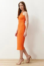 Trendyol Orange Knitwear Look Shift/Straight Cut Barbell Neck Midi Flexible Knitted Pencil Dress