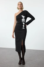 Trendyol Black Ecru Embroidery Detailed Single Sleeve Woven Elegant Evening Dress