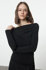 Trendyol Black Gathered/Draped Detailed Fitted/Body-Smoothing Long Sleeve Flexible Knitted Blouse