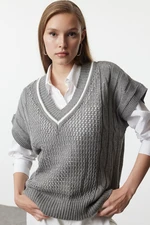 Trendyol Gray Wide Fit V-Neck Openwork Knitwear Sweater