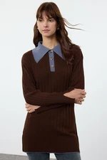 Trendyol Brown Blue Color Block Ribbed Knit Sweater