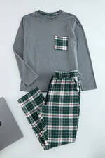 Trendyol Men's Grey-Green Plaid Patterned Woven Pajama Set