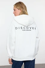 Trendyol Ecru Hooded Back Printed Oversize/Wide Fit Thick Inside Fleece Knitted Sweatshirt