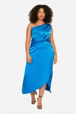 Trendyol Curve Saxe Satin Chic Asymmetrical Single Sleeve Long Woven Dress