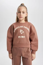 DEFACTO Girl's Relax Fit Crew Neck Printed Thick Sweatshirt