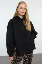 Trendyol Black Zipper Detailed Oversize Pattern Hooded Thick Polar Fleece Knitted Sweatshirt