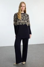 Trendyol Navy Blue Geometric Patterned Tassel Detailed Knitwear Bottom-Top Set