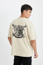 DEFACTO Men's Beige Oversize Fit Wide Cut Crew Neck Back Printed Cotton Short Sleeve T-Shirt