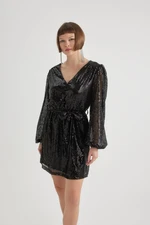 DEFACTO Heart Collar Sequined Fabric Long Sleeve Mini Dress