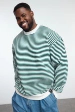 Trendyol Plus Size Green Oversize/Wide Cut Striped Fleece Inside Sweatshirt