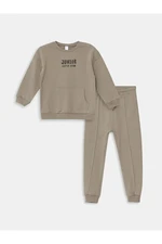 LC Waikiki LCW baby Beige Crew Neck Long Sleeve Printed Baby Boy Sweatshirt and Tracksuit Bottom 2-Piece Set