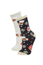 DEFACTO Women's Christmas Themed 2-Pack Cotton Long Socks