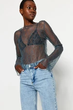 Trendyol Anthracite Fitted Crew Neck Lace Elastic Blouse