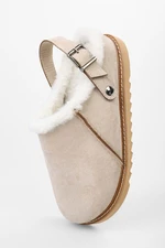 Shoeberry Women's Saboi Beige Suede Furry Flat Slippers