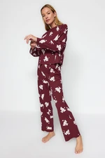 Trendyol Claret Red 100% Cotton Elephant Patterned Tshirt-Pants Knitted Pajama Set