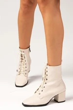 Mio Gusto Bethany Beige Women's Heeled Boots with Zipper And Lace-Up on the Side. Flat Toe Women's Boots.