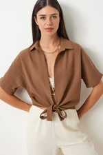 Happiness İstanbul Women's Brown Tie Detailed Linen Blouse