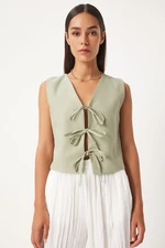 Happiness İstanbul Women's Green Bow Linen Vest