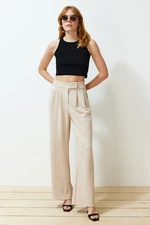 Trendyol Stone Hook and Loop Closure High Waist Pleated Wide Leg/Wide Cut Knitted Trousers