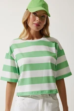 Happiness İstanbul Women's White Green Crew Neck Striped Crop Knitted T-Shirt