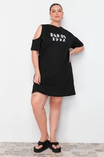 Trendyol Curve Black Glitter Print Detailed 100% Cotton Knitted Dress