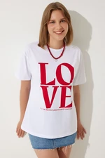 Happiness İstanbul Women's White Printed Oversize Cotton T-Shirt