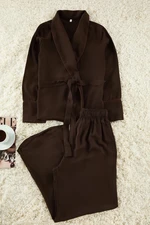 Trendyol Brown Belted Piping Detail Double Breasted Viscose Woven Pajamas Set