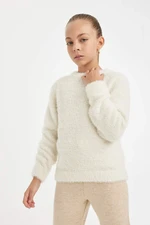 DEFACTO Girl's Ecru Regular Fit Crew Neck Soft Textured Knitwear Sweater