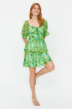 Trendyol Green Floral Skirt Flounced Madonna Collar Chiffon Mini Lined Woven Dress