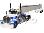 Peterbilt 389 Day Cab and ERMC 4-Axle Hydra-Steer Trailer with Bridge Beam Section Load White and Blue 1/64 Diecast Model by DCP/First Gear