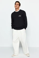 Trendyol Black Men's Regular/Regular Cut Crew Neck Fluffy Fleece Minimal Printed Text Sweatshirt.