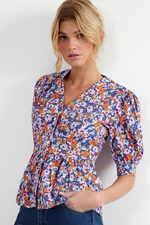 Trendyol Purple Flower Patterned Short Sleeve Fitted Woven Shirt