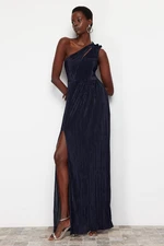 Trendyol Navy Blue A-Cut Knitted Lined Long Evening Dress